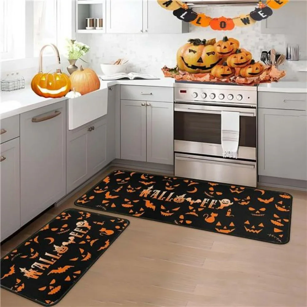 Halloween with Bats Kitchen Rug Set of 2 Washable Non Slip, 17